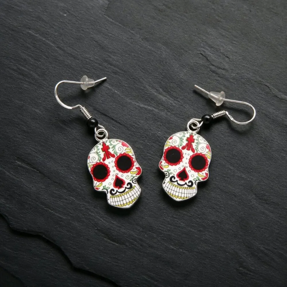 Handcrafted Day of the Dead Skulls White Red Dangle Earrings